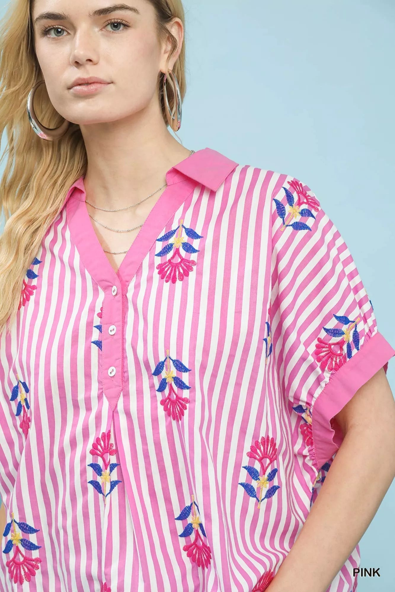 Umgee Stripe Embroidered Button - Front Boho Blouse - | VivaMix StoreUmgee Stripe Embroidered Button - Front Boho Blouse - VivaMix Store