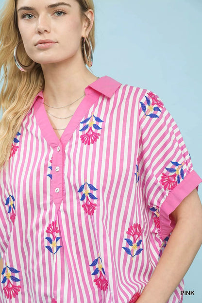 Umgee Stripe Embroidered Button - Front Boho Blouse - | VivaMix StoreUmgee Stripe Embroidered Button - Front Boho Blouse - VivaMix Store