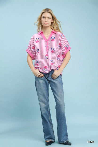 Umgee Stripe Embroidered Button - Front Boho Blouse - | VivaMix StoreUmgee Stripe Embroidered Button - Front Boho Blouse - VivaMix Store