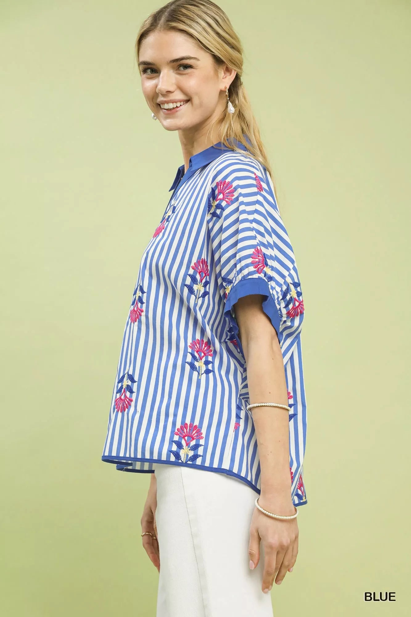 Umgee Stripe Embroidered Button - Front Boho Blouse - | VivaMix StoreUmgee Stripe Embroidered Button - Front Boho Blouse - VivaMix Store