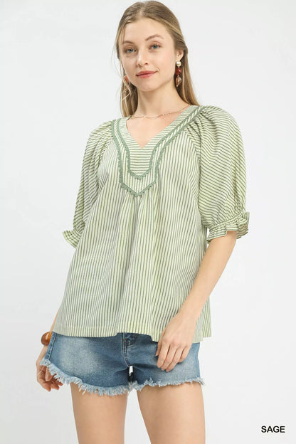 Umgee Stripe V - Neck Blouse - | VivaMix StoreUmgee Stripe V - Neck Blouse - VivaMix Store