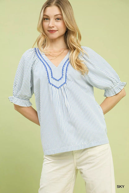 Umgee Stripe V - Neck Blouse - | VivaMix StoreUmgee Stripe V - Neck Blouse - VivaMix Store