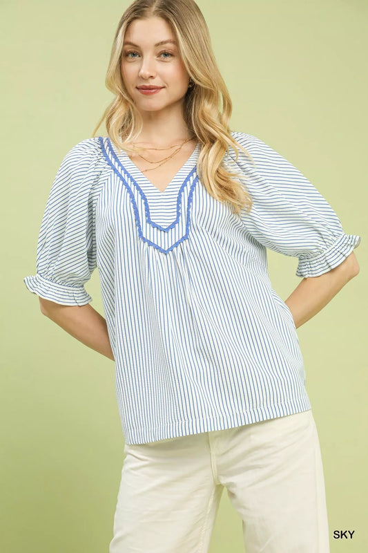 Umgee Stripe V - Neck Blouse - | VivaMix StoreUmgee Stripe V - Neck Blouse - VivaMix Store