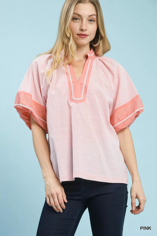 Umgee Striped Mixed Puff Sleeve Blouse - | VivaMix StoreUmgee Striped Mixed Puff Sleeve Blouse - VivaMix Store