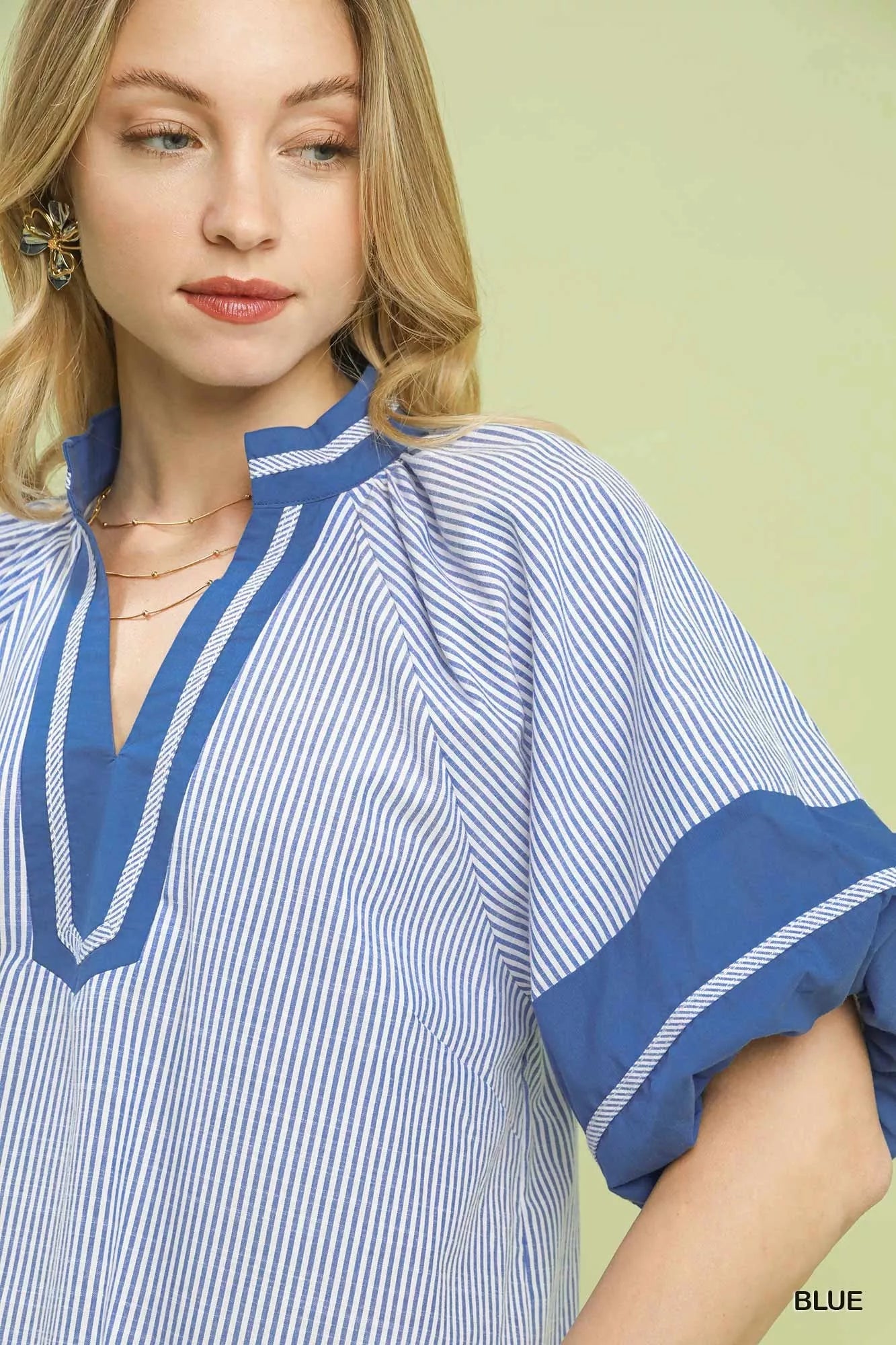 Umgee Striped Mixed Puff Sleeve Blouse - | VivaMix StoreUmgee Striped Mixed Puff Sleeve Blouse - VivaMix Store