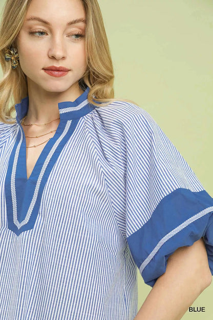 Umgee Striped Mixed Puff Sleeve Blouse - | VivaMix StoreUmgee Striped Mixed Puff Sleeve Blouse - VivaMix Store