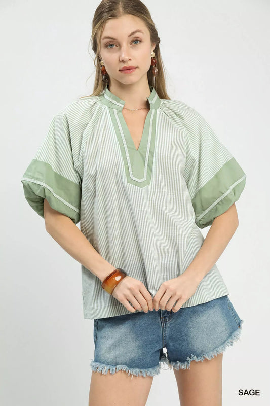 Umgee Striped Mixed Puff Sleeve Blouse - | VivaMix StoreUmgee Striped Mixed Puff Sleeve Blouse - VivaMix Store
