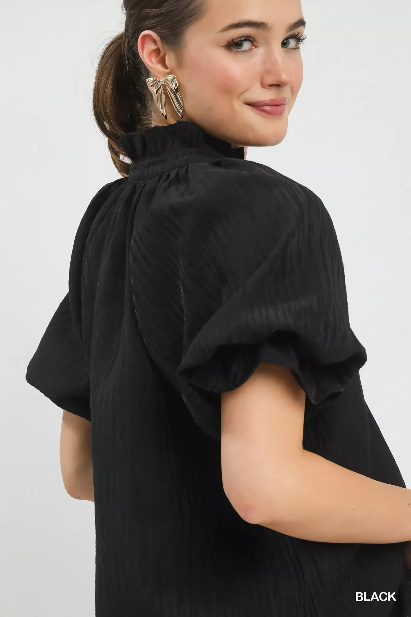 Umgee Textured Puff Sleeve Split Neck Top - | VivaMix StoreUmgee Textured Puff Sleeve Split Neck Top - VivaMix Store