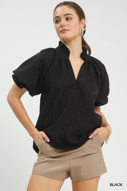 Umgee Textured Puff Sleeve Split Neck Top - | VivaMix StoreUmgee Textured Puff Sleeve Split Neck Top - VivaMix Store