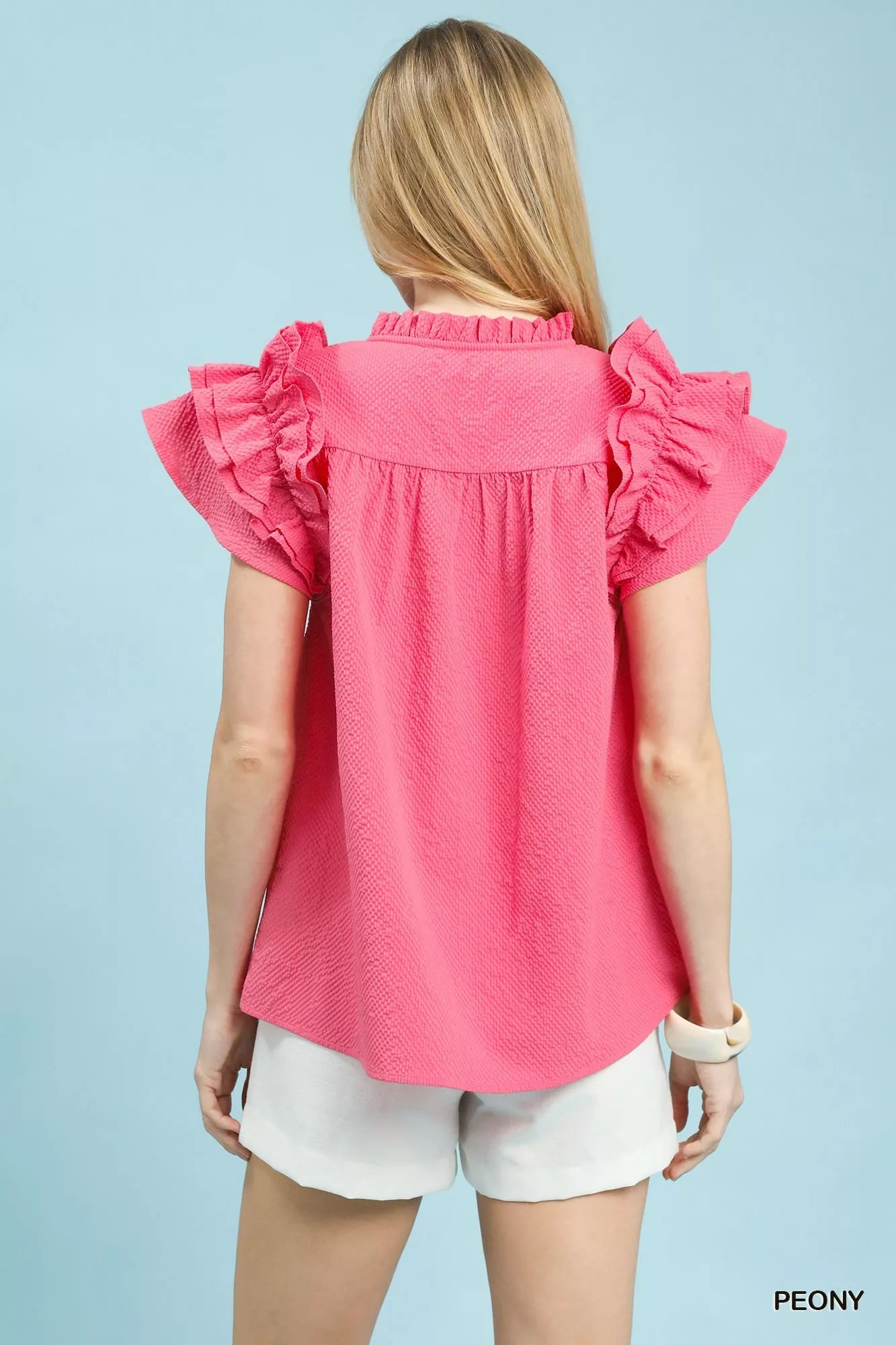 Umgee Textured Ruffle Sleeve Notched Top - | VivaMix StoreUmgee Textured Ruffle Sleeve Notched Top - VivaMix Store