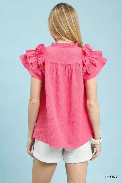 Umgee Textured Ruffle Sleeve Notched Top - | VivaMix StoreUmgee Textured Ruffle Sleeve Notched Top - VivaMix Store