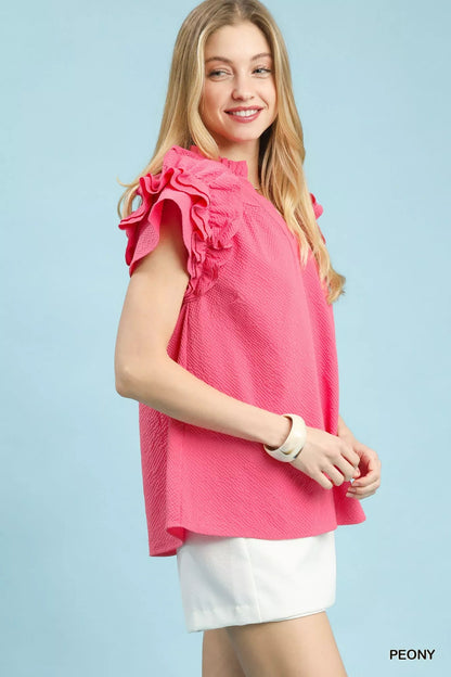 Umgee Textured Ruffle Sleeve Notched Top - | VivaMix StoreUmgee Textured Ruffle Sleeve Notched Top - VivaMix Store