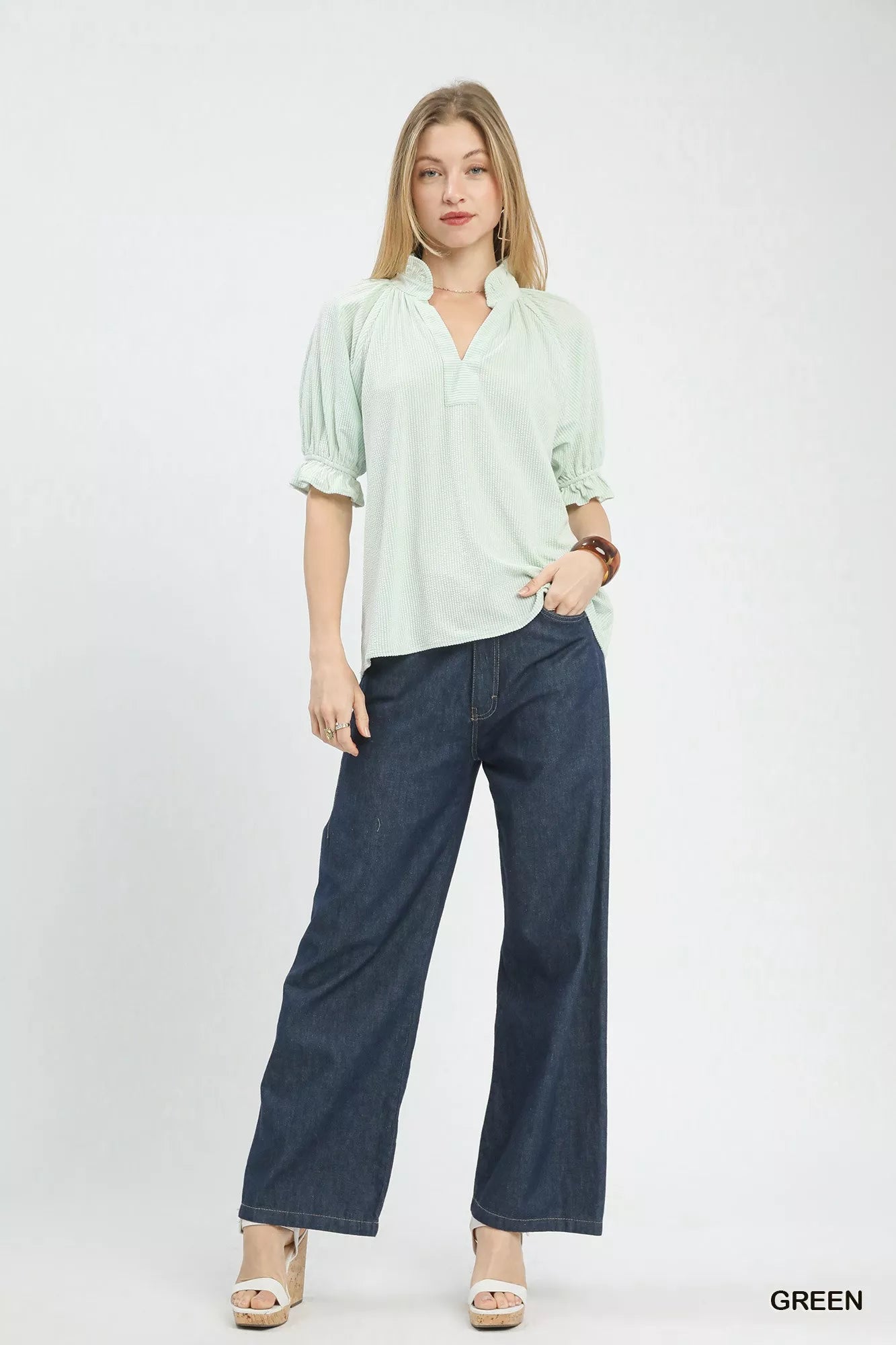 Umgee Textured Ruffle Sleeve V - Neck Top - | VivaMix StoreUmgee Textured Ruffle Sleeve V - Neck Top - VivaMix Store