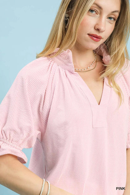 Umgee Textured Ruffle Sleeve V - Neck Top - | VivaMix StoreUmgee Textured Ruffle Sleeve V - Neck Top - VivaMix Store