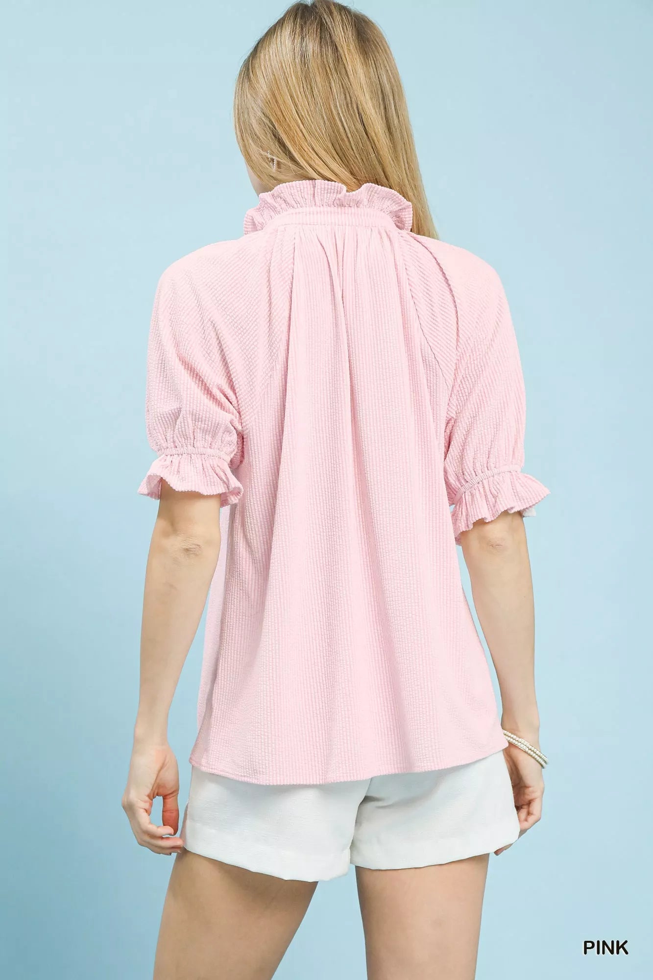 Umgee Textured Ruffle Sleeve V - Neck Top - | VivaMix StoreUmgee Textured Ruffle Sleeve V - Neck Top - VivaMix Store