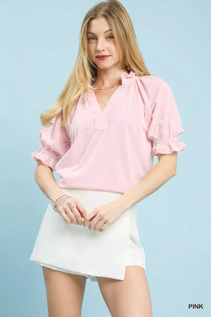 Umgee Textured Ruffle Sleeve V - Neck Top - | VivaMix StoreUmgee Textured Ruffle Sleeve V - Neck Top - VivaMix Store