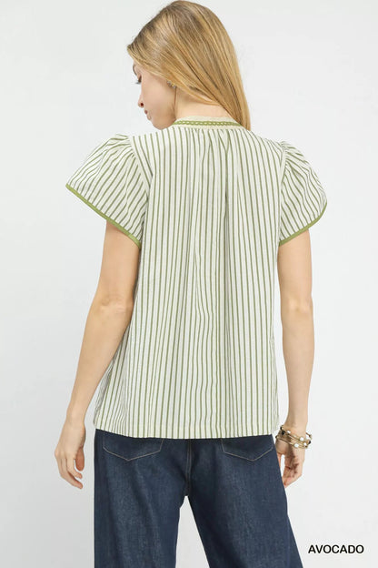 Umgee V - Neck Stripe Top with Lace Trim - | VivaMix StoreUmgee V - Neck Stripe Top with Lace Trim - VivaMix Store