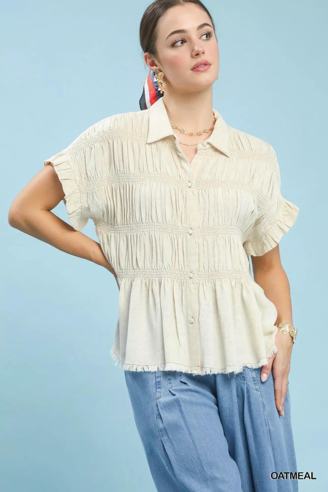 Umgee Washed Linen Blend Smocked Shirt - | VivaMix StoreUmgee Washed Linen Blend Smocked Shirt - VivaMix Store
