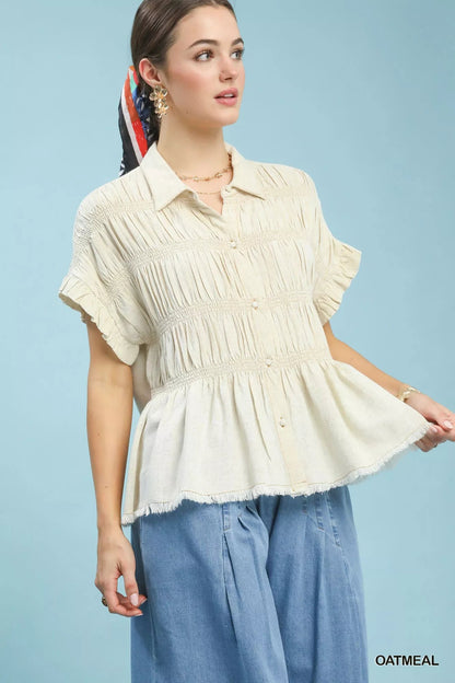 Umgee Washed Linen Blend Smocked Shirt - | VivaMix StoreUmgee Washed Linen Blend Smocked Shirt - VivaMix Store