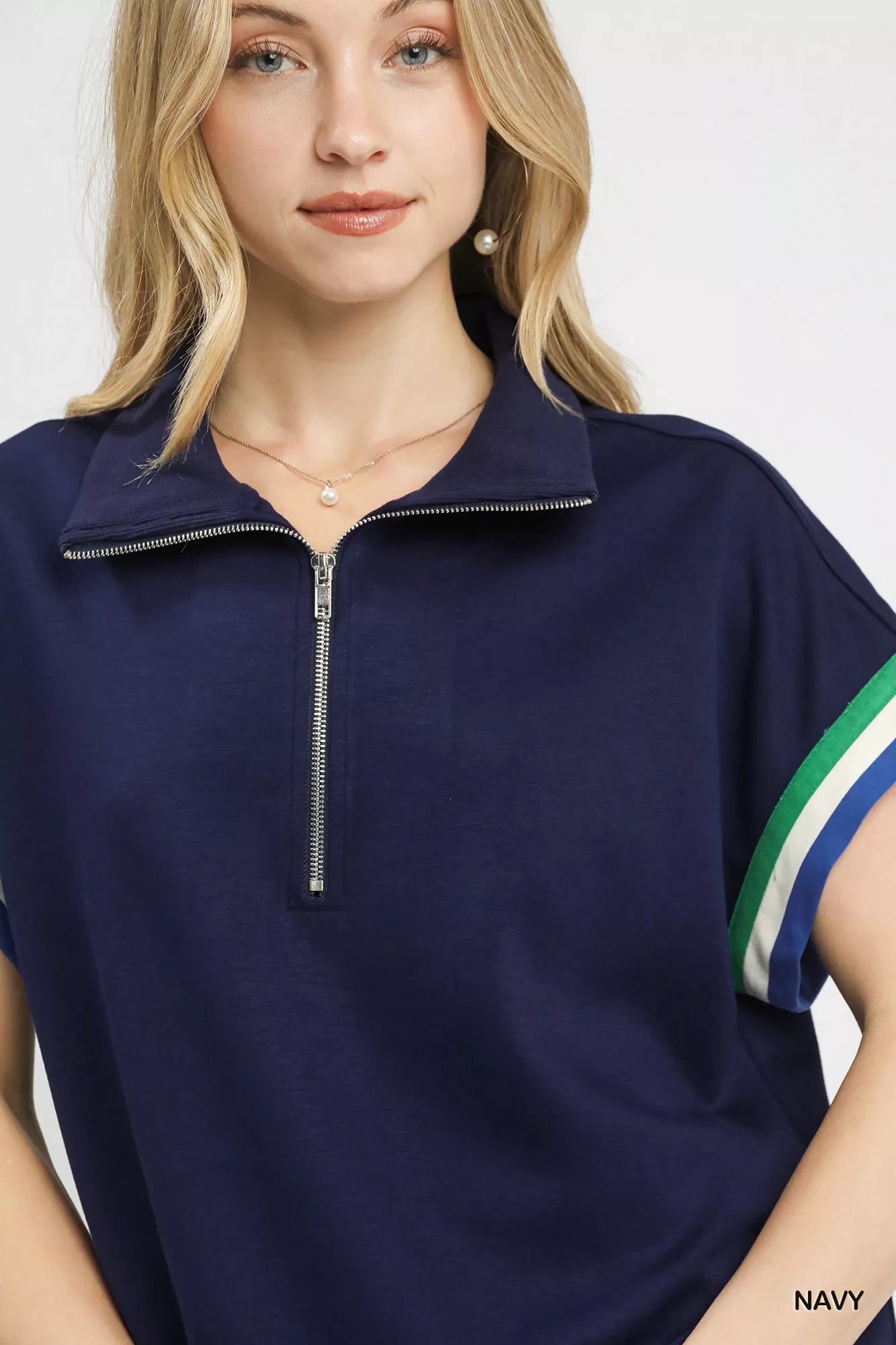 Umgee Zip Front Casual Top with Contrast Stripe Trim - | VivaMix StoreUmgee Zip Front Casual Top with Contrast Stripe Trim - VivaMix Store