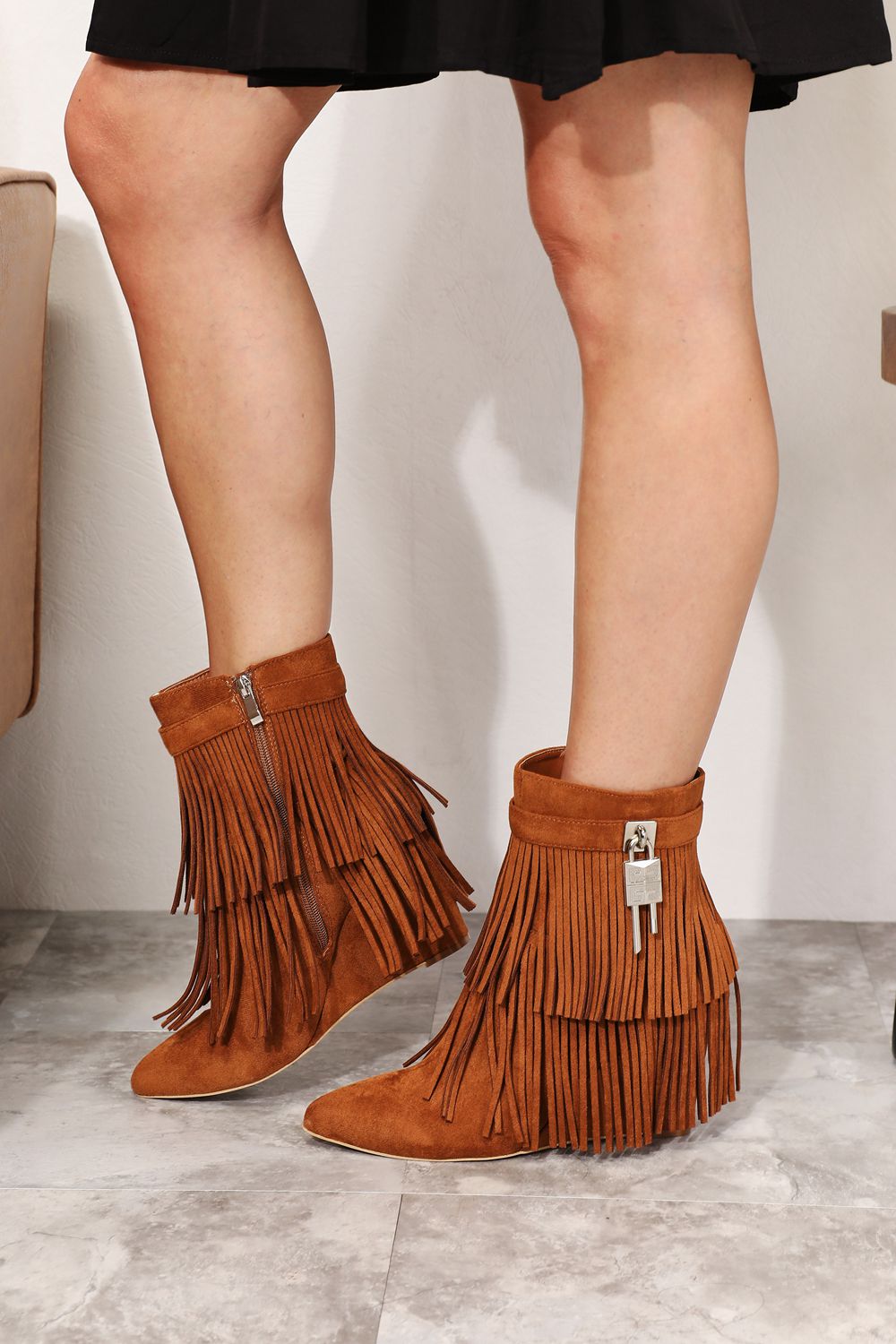 Women's Wedge Heel Ankle Booties - Pointed Toe Tassel Boots - Apparel & Accessories > Shoes > Boots | VivaMix StoreWomen's Wedge Heel Ankle Booties - Pointed Toe Tassel Boots - VivaMix Store