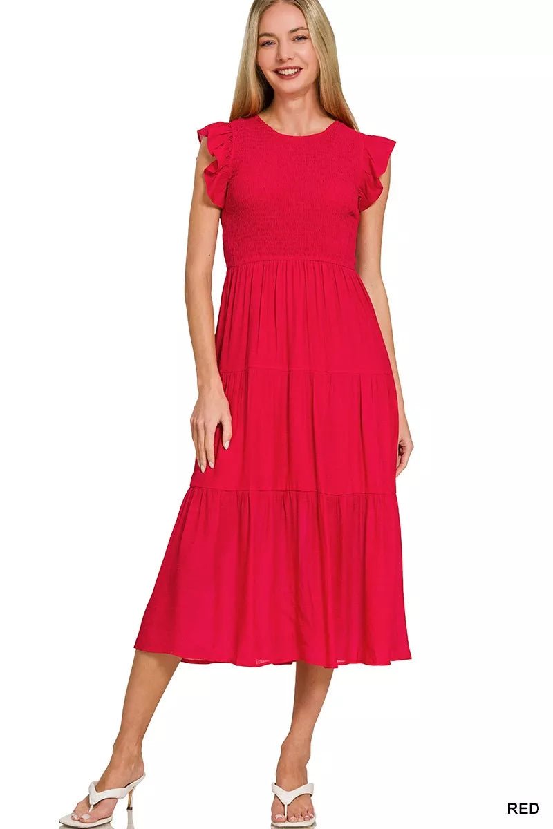 Woven Smocked Ruffle Sleeve Midi Dress - Elegant Women's Dress - Women's Dresses | VivaMix StoreWoven Smocked Ruffle Sleeve Midi Dress - Elegant Women's Dress - VivaMix Store
